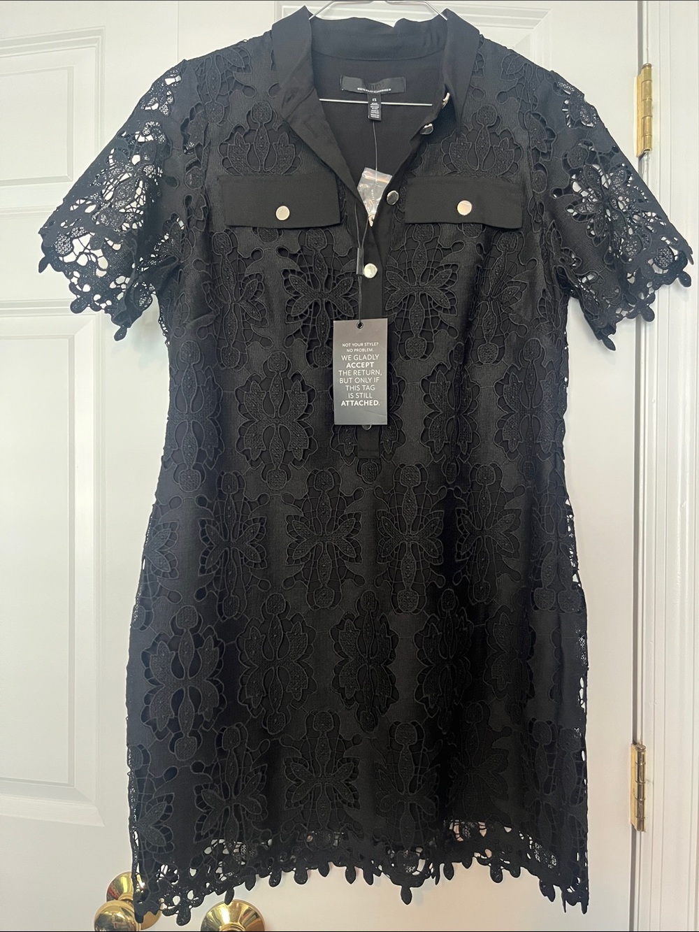 WHBM Black Lace Short-Sleeve Shirt Dress with Button Placket size 12P